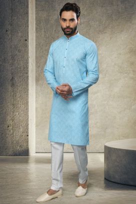 Blue Cotton Kurta Pyjama for Men (KFM-6149)