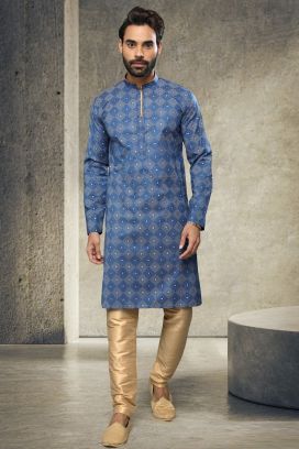 Blue Cotton Mens Kurta Pyjama (KFM-6165)