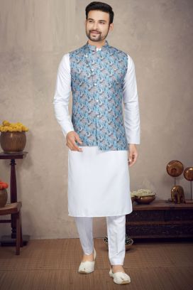 Blue Cotton Mens Nehru Jacket (KFM-6946)