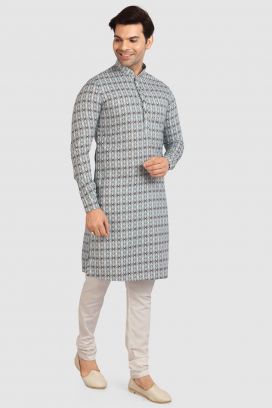 Blue Cotton Printed Kurta Pajama for Men (KFM-5729)