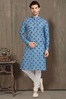 Blue Cotton Printed Kurta Pajama (KFM-5716)