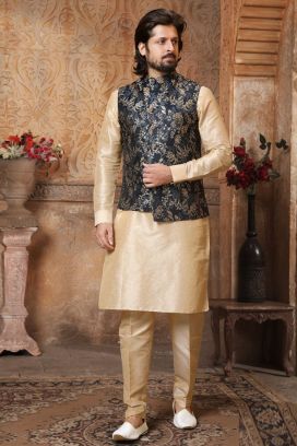 Blue, Dark Gold Art Banarasi Silk Nehru Jacket (KFM-5628)