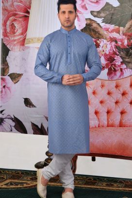 Blue Fancy Cotton Mens Kurta Pajama(KFM-4606)