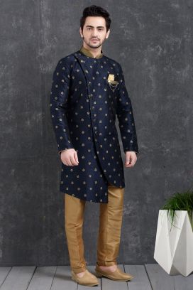 Blue Jaquard Silk Brocade Indo Western Kurta for Men (KFM-5017)