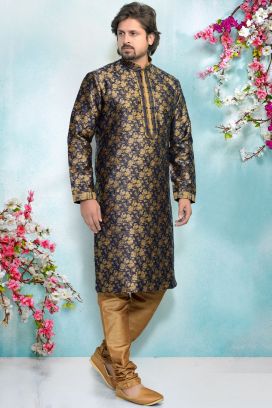 Blue Jaquard Silk Brocade Kurta Pajama (KFM-4893)