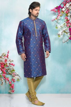 Blue Jaquard Silk Brocade Kurtas for Men (KFM-4923)
