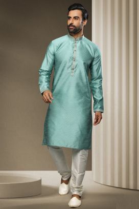 Blue Jaquard Silk Kurta Pajama for Men(KFM-5950)