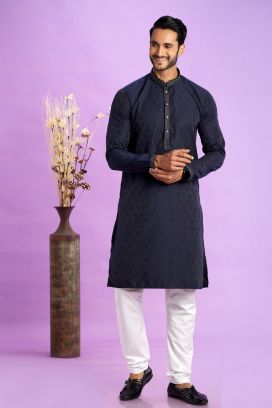 Blue Jaquard Silk Kurta Pajama (KFM-7574)