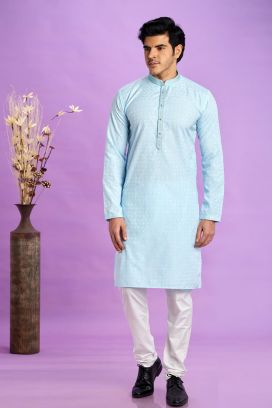 Blue Jaquard Silk Mens Kurta Pajama (KFM-7567)
