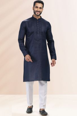 Blue Linen Cotton Kurta Pajama (KFM-6734)