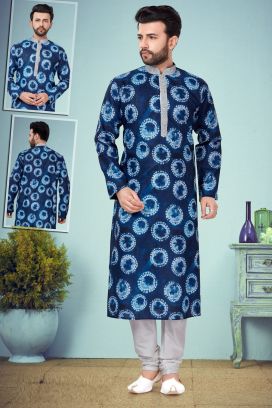 Blue Printed Cotton Silk Kurta Pajama (KFM-4856)