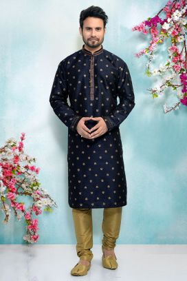 Blue Silk Brocade Kurta Pajama for Men (KFM-4904)