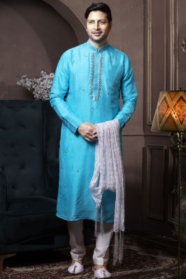 Blue Silk Kurta Pajama for Men (KFM-6032)