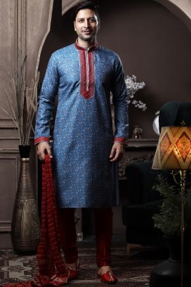 Blue Silk Kurta Pajama for Men (KFM-6090)