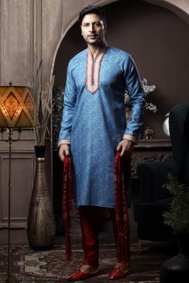 Blue Silk Mens Kurta Pajama (KFM-6089)
