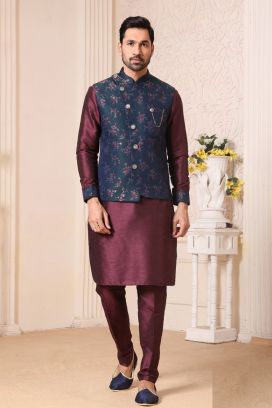 Blue, Wine Art Banarasi Silk Nehru Jacket (KFM-5650)