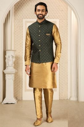 Bottle Green Art Banarasi Silk Nehru Jacket (KFM-6301)