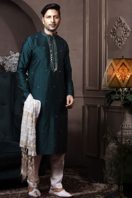 Bottle Green Silk Kurta Pajama (KFM-6033)