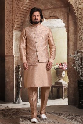 Brown Art Banarasi Silk Mens Nehru Jacket (KFM-5605)