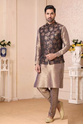 Brown Art Banarasi Silk Nehru Jacket (KFM-5636)
