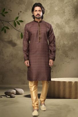 Brown hand loomed Cotton Kurta Pajama (KFM-6134)