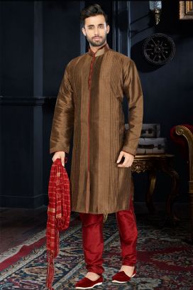 Coffee Brown Art Dupion Kurta Pajama (KFM-3401)