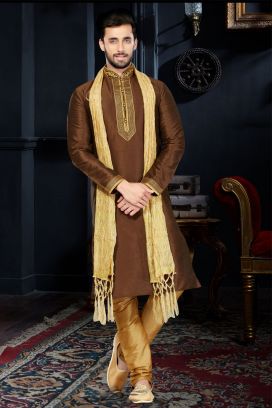 Coffee Brown Art Dupion Mens Kurta (KFM-3437)