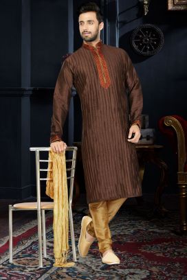 Coffee Brown Art Dupion Men's Kurta Pajama (KFM-3403)