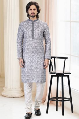 Cotton Digital Print Mens Kurta in Grey (KFM-6666)