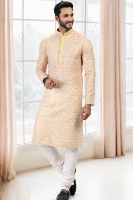 Cotton Digital Print Yellow Mens Kurta Pajama (KFM-6665)