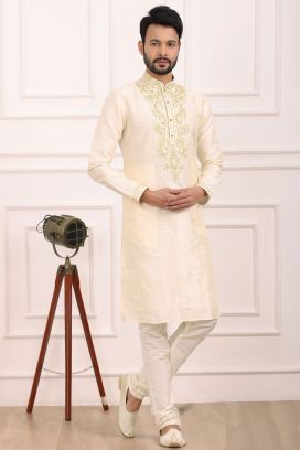 Cream Art Banarasi Silk Kurta Pajama (KFM-7007)