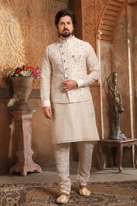 Cream Art Banarasi Silk Nehru Jacket (KFM-5619)