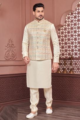 Cream Art Banarasi Silk Nehru Jacket (KFM-7417)