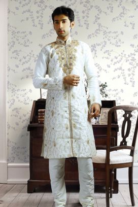 Cream Art Dupion Designer Kurta Pajama (KFM-1034)