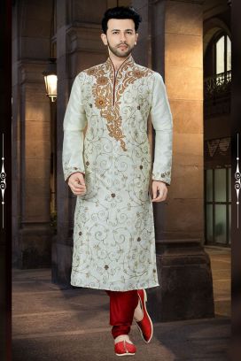 Cream Art Dupion Designer Kurta Pajama (KFM-3777)