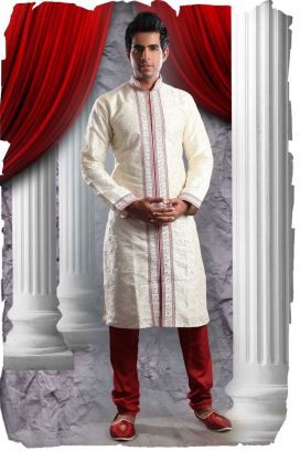Cream Art Dupion Kurta Pajama (KFM-1335)