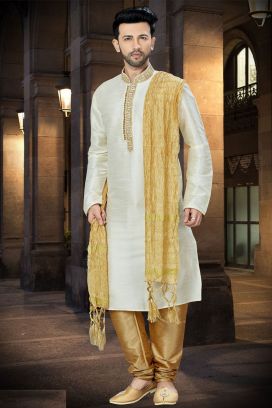 Cream Art Dupion Regular Kurta Pajama (KFM-3805)