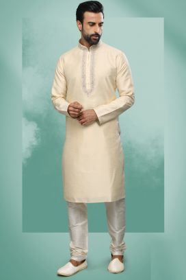 Cream Art Silk Mens Kurta Pajama (KFM-6423)