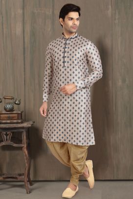 Cream Banarasi Silk Kurta Pajama for Men (KFM-5706)