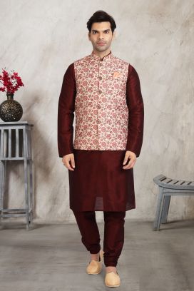 Cream Banarasi Silk Nehru Jacket for Men (KFM-5676)