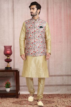 Cream Banarasi Silk Nehru Jacket (KFM-5673)