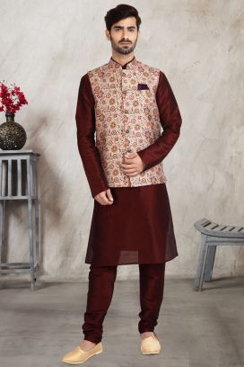 Cream Banarasi Silk Printed Nehru Jacket (KFM-5679)