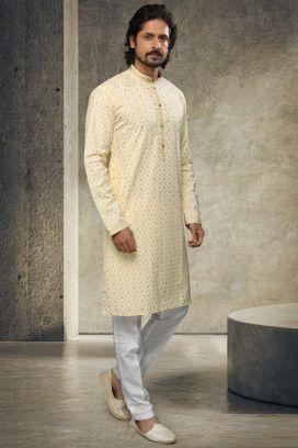 Cream Cotton Mens Kurta Pyjama (KFM-6141)