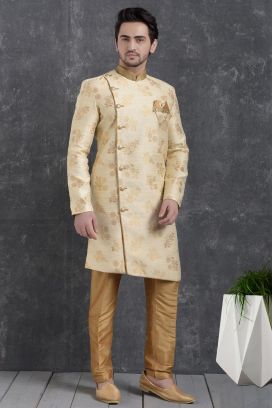 Cream Jaquard Silk Brocade Indo Western Kurta for Men (KFM-5010)
