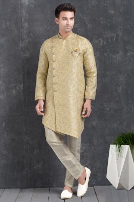 Cream Jaquard Silk Brocade Indo Western Kurta for Mens (KFM-5025)