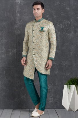 Cream Jaquard Silk Brocade Indo Western Kurta (KFM-5032)