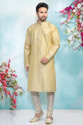 Cream Jaquard Silk Brocade Kurta Pajama (KFM-4881)