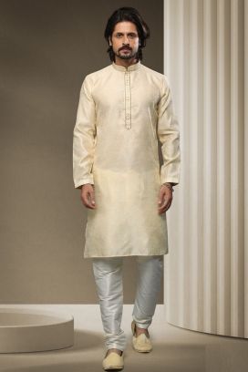 Cream Jaquard Silk Brocade Kurta Pajama (KFM-5940)