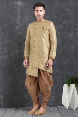 Cream Jaquard Silk Brocade Mens Indo Western Kurta (KFM-5004)