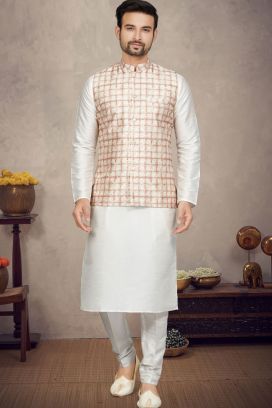 Cream with Rust Art Silk Mens Nehru Jacket (KFM-6976)